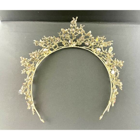 Light Pink Beaded Rhinestone Gold Tone Metal Tiara Crown NEW Elegant - Picture 3 of 9